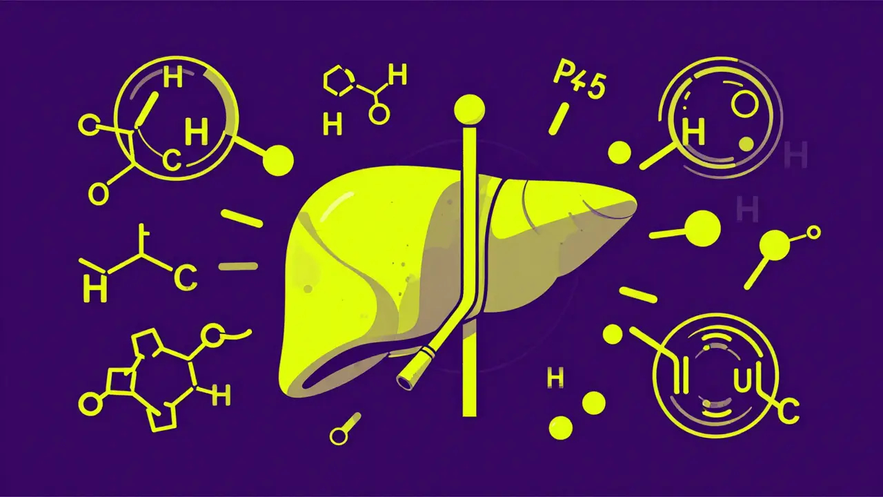 Duotone conceptual art of a liver processing chemicals and enzymes