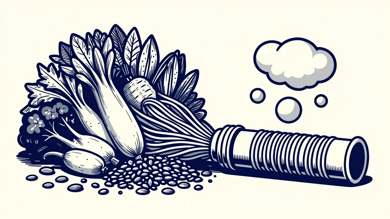 Duotone graphic showing fiber getting stuck in the gut causing bloating and gas.