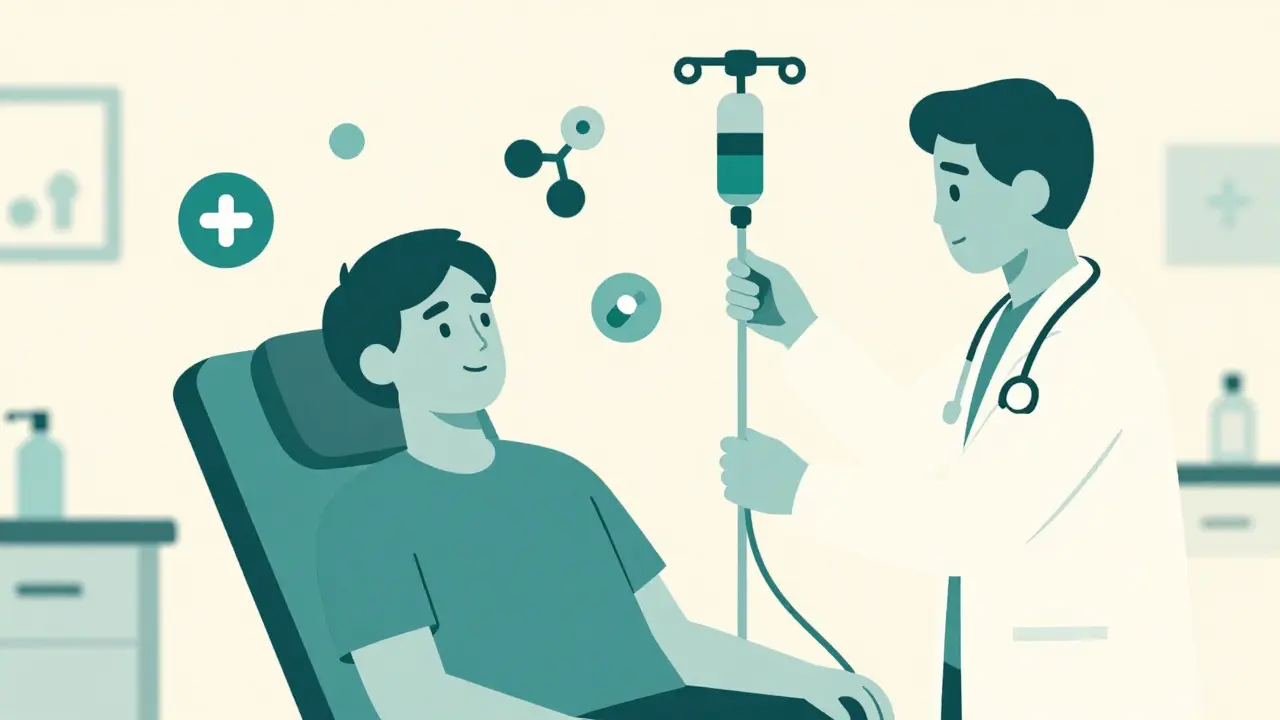 Duotone illustration of a patient receiving a monitored biologic infusion in a clinic.