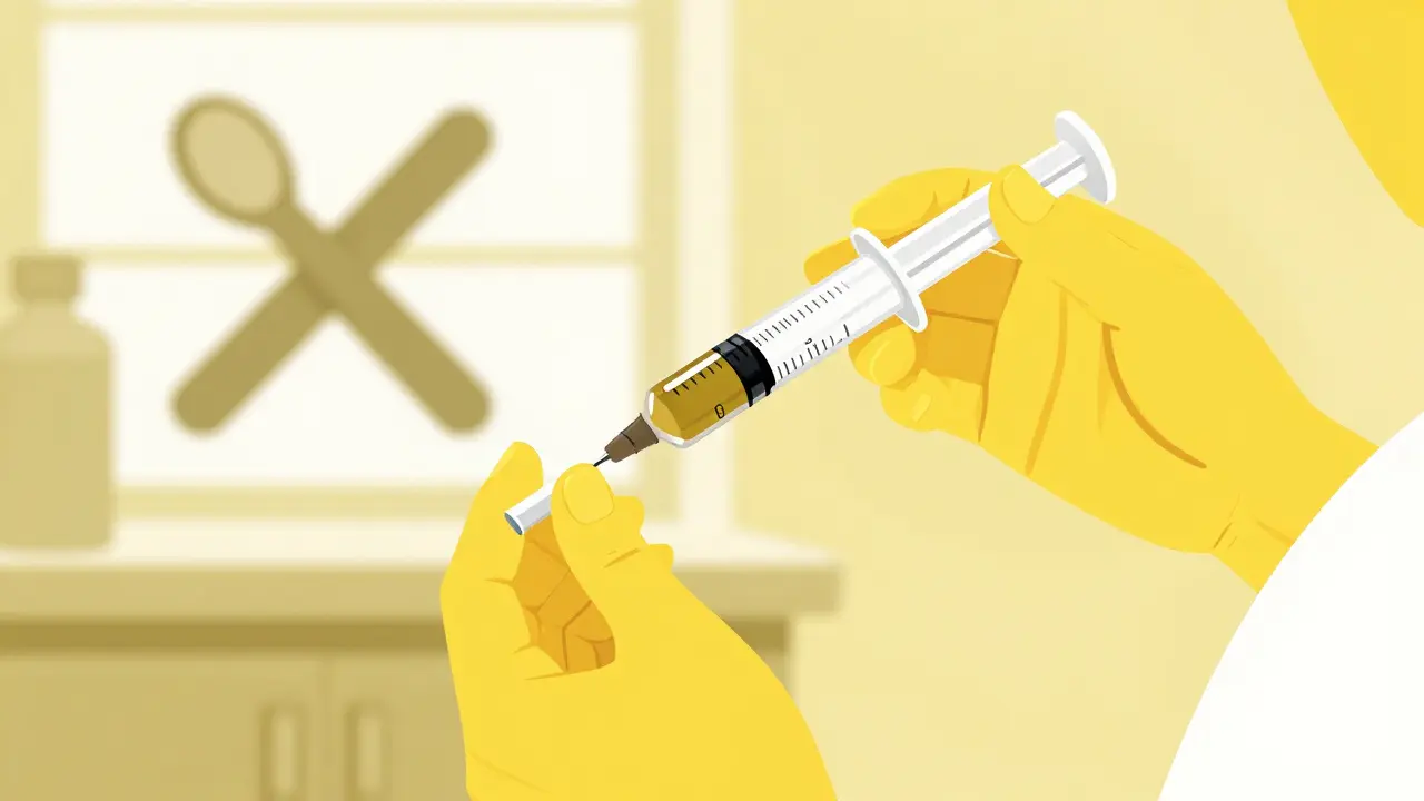 Hands using a precise oral syringe for medication with a crossed-out household spoon in yellow and charcoal.