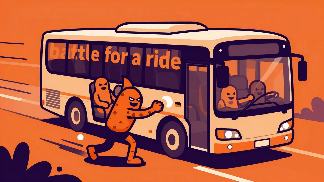 Illustration of drug characters fighting for a seat on a protein bus in the blood.