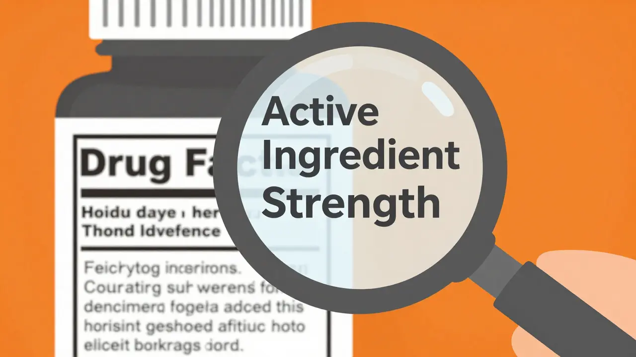 Magnifying glass focusing on the active ingredients section of a medication drug facts label.