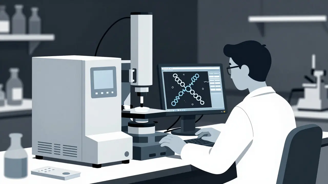 Scientist using advanced mass spectrometry to analyze protein molecules in a lab