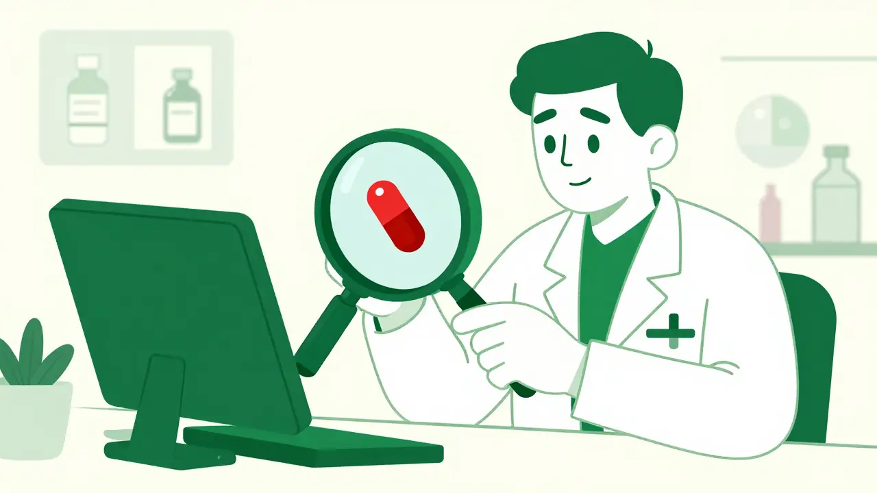 Specialist examining a pill with a magnifying glass