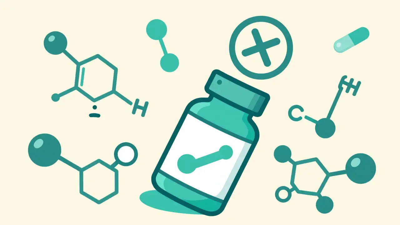 Stylized medicine bottle with chemical molecules and a caution symbol in teal and cream duotone.