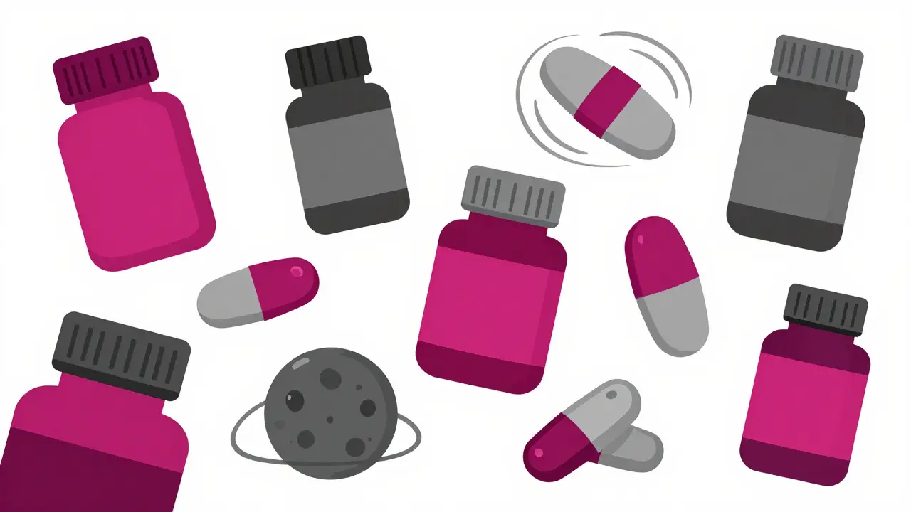 Stylized medicine bottles and abstract reaction clouds