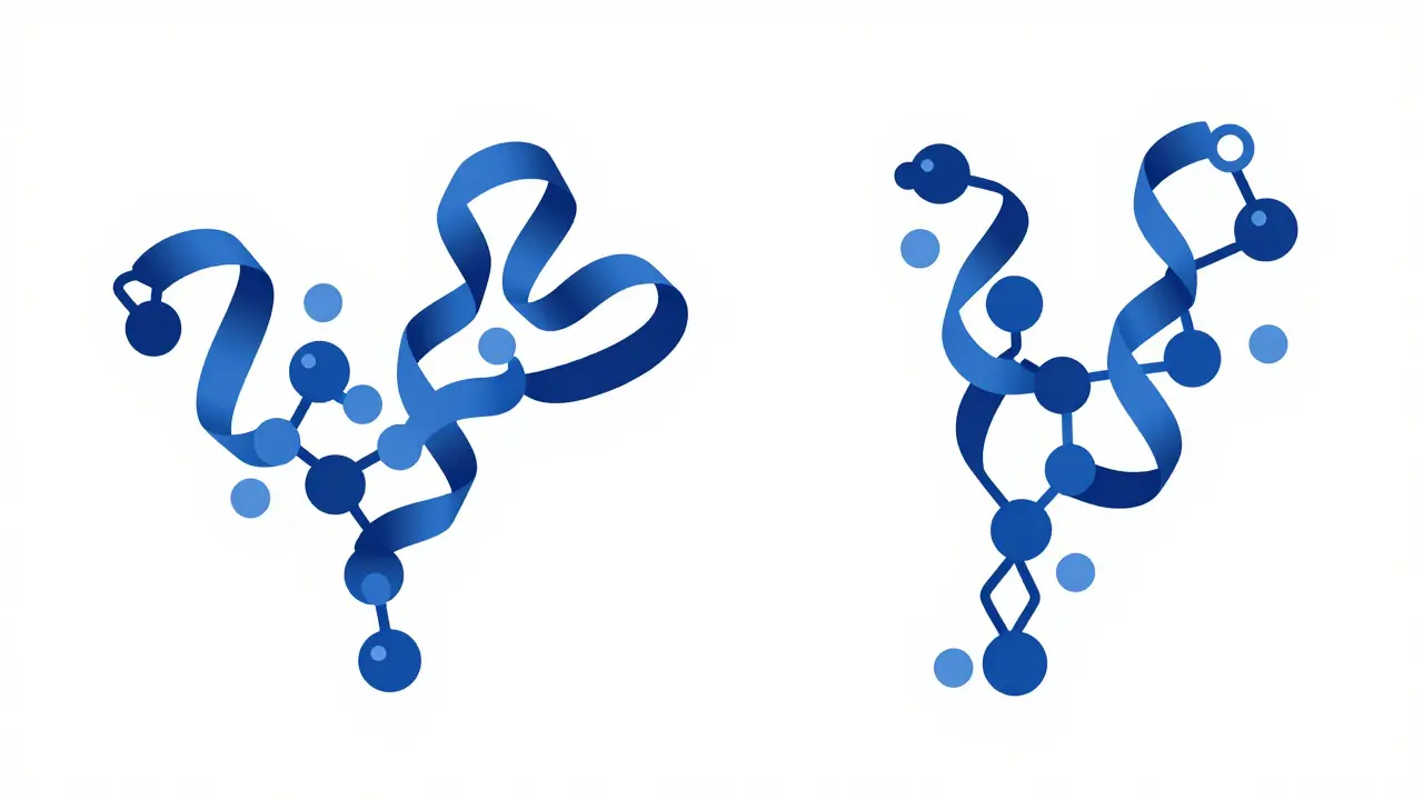 Two similar protein structures showing slight differences in sugar molecules in duotone style
