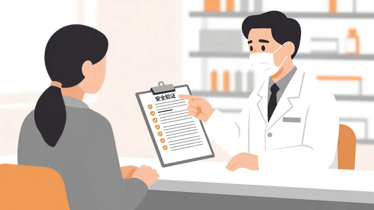 Two-tone illustration of a patient and pharmacist discussing a supplement safety checklist