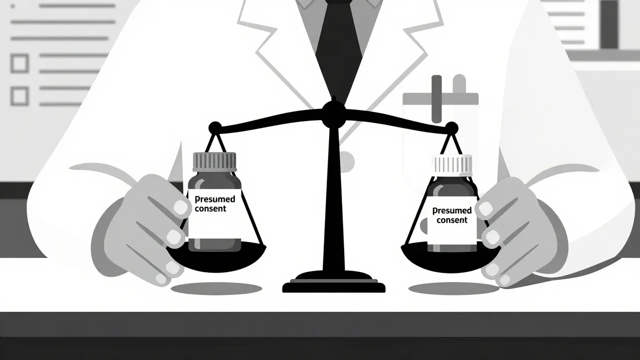 Black and white illustration of a pharmacist choosing generics via substitution laws.
