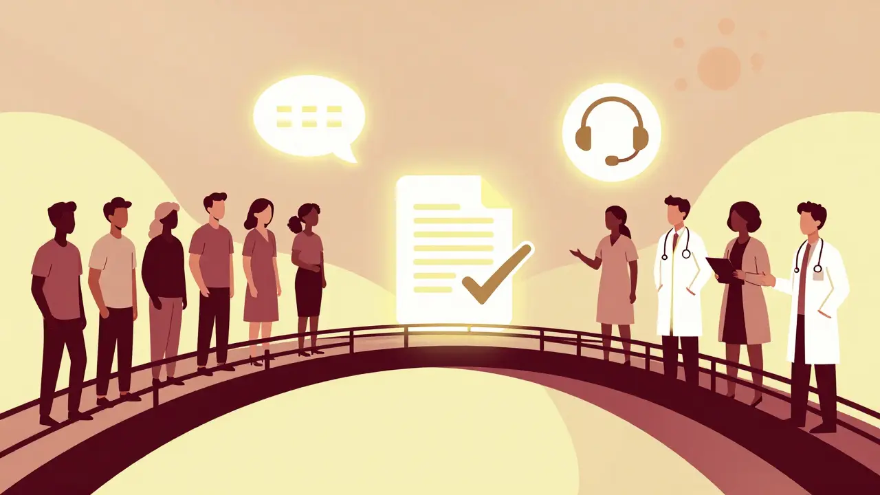 Conceptual bridge connecting patients and doctors via communication icons.