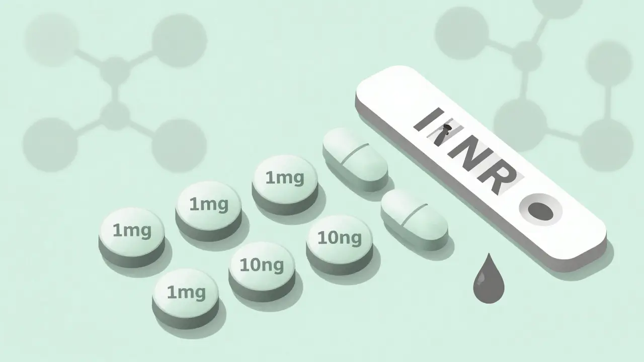 Duotone art showing various Warfarin pill strengths and an INR blood test drop.