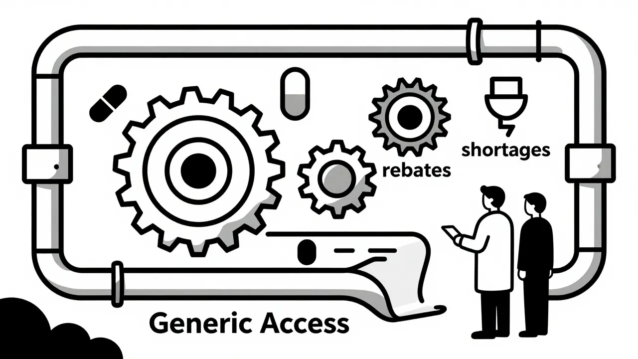 Duotone graphic showing supply chain challenges and generic drug access paths.