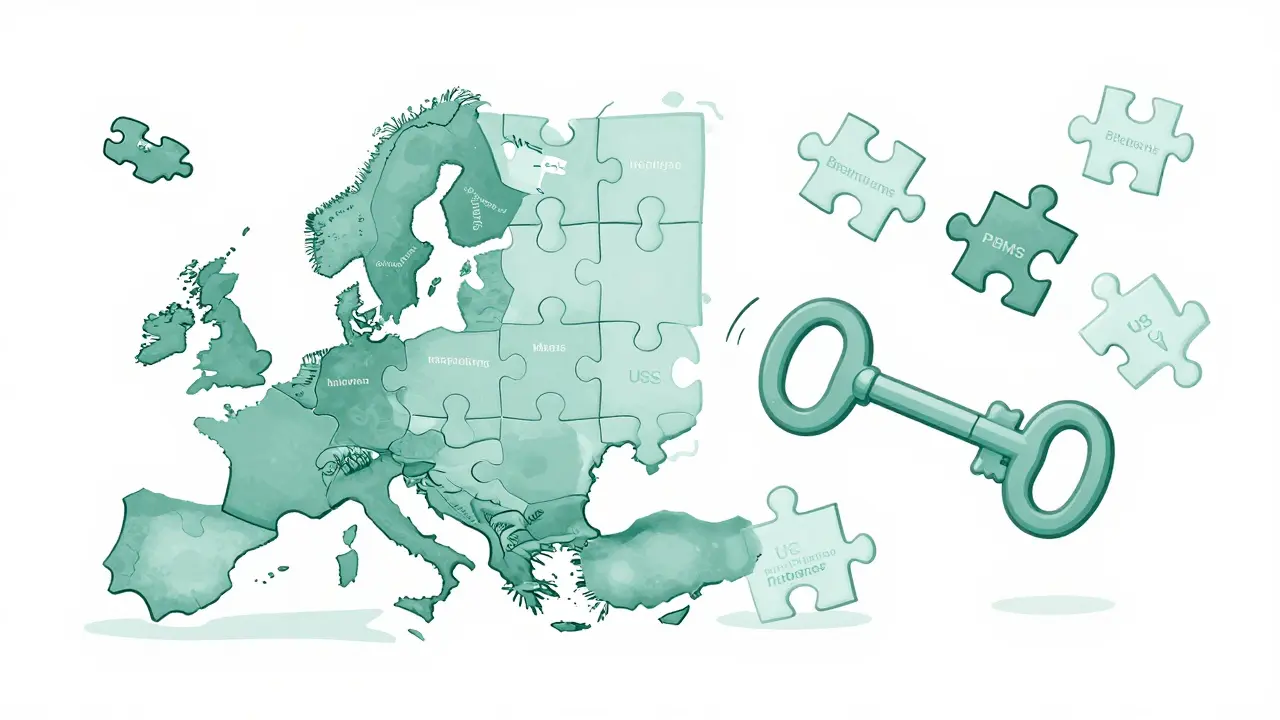 Duotone graphic showing unified EU healthcare vs fragmented US systems