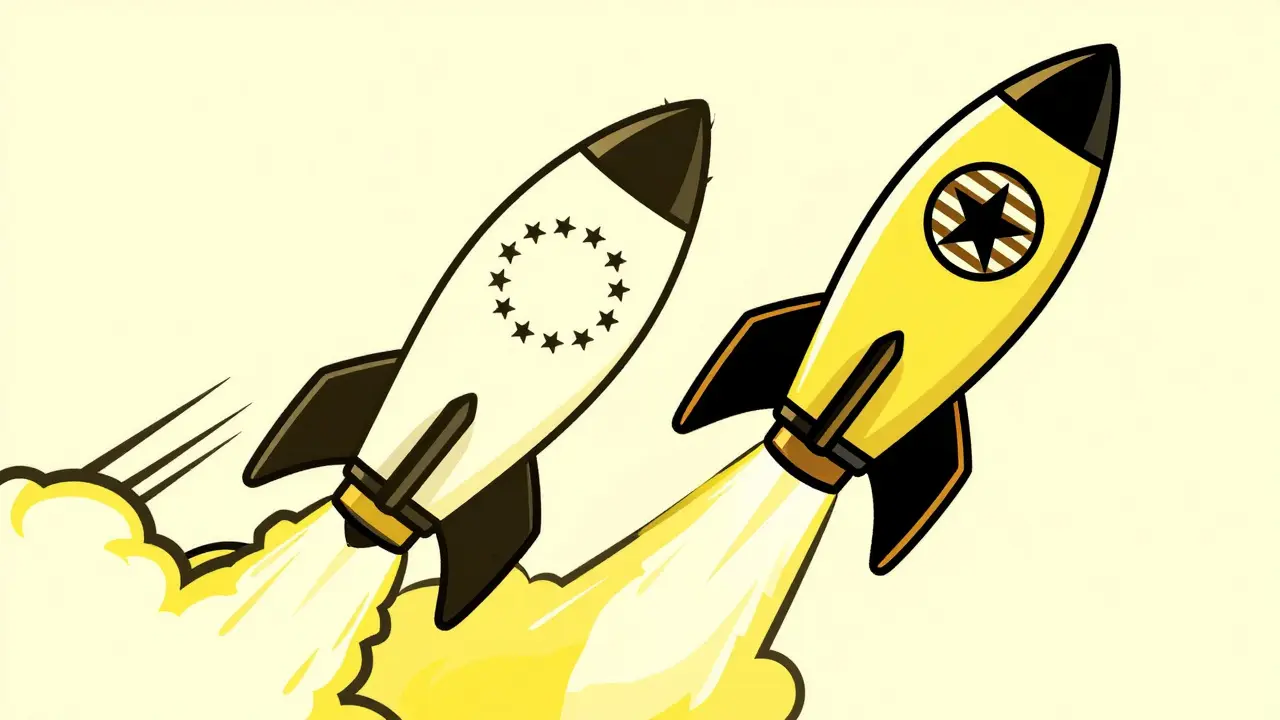 Duotone illustration of US biosimilar market growth rocket overtaking Europe's