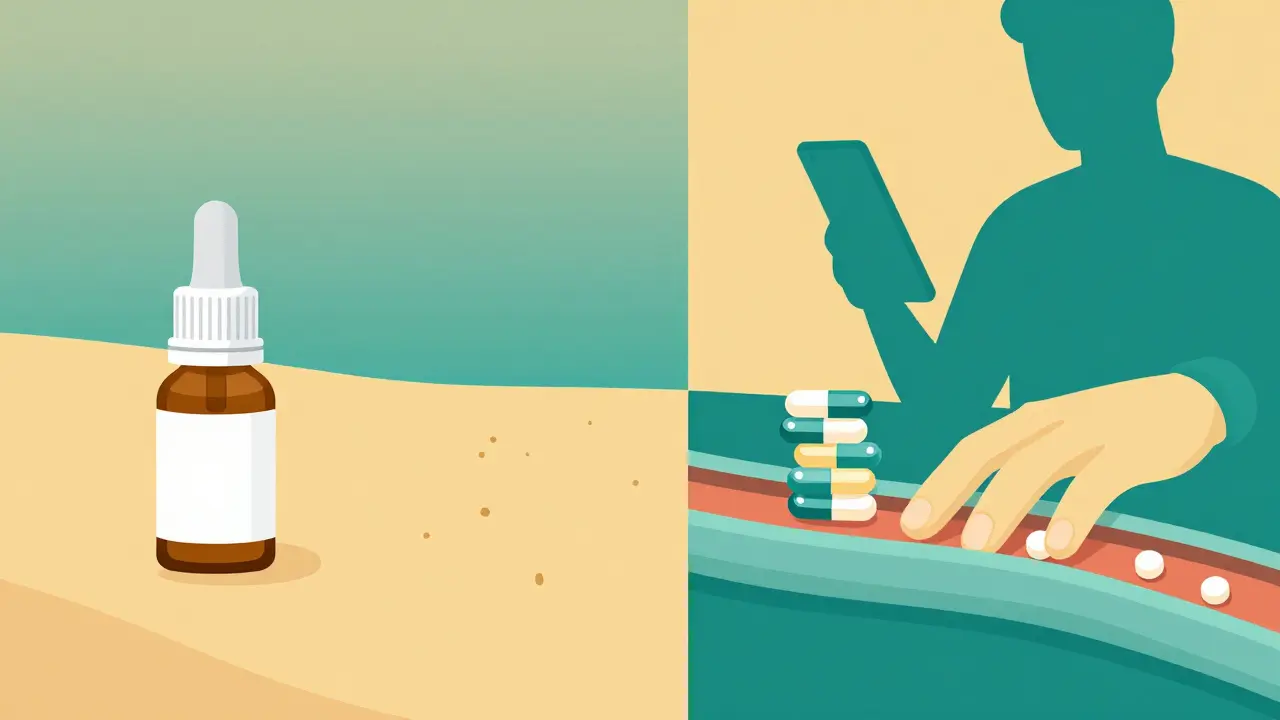 Graphic art comparing topical creams and oral tablets for treating nail fungus infections.