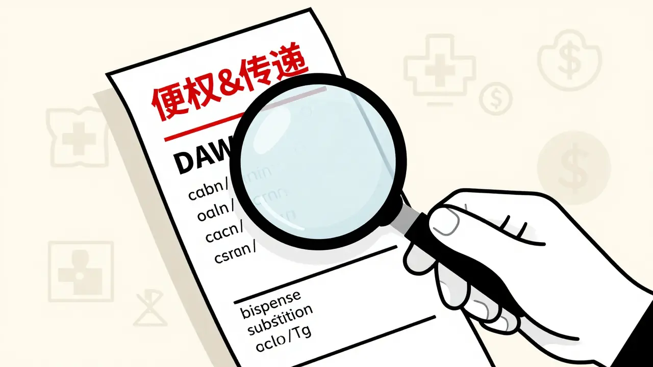 Hand inspecting prescription receipt for DAW code under magnifying glass.