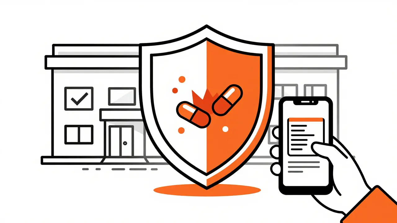 Illustration of a shield protecting against counterfeit drugs during online pharmacy shopping.