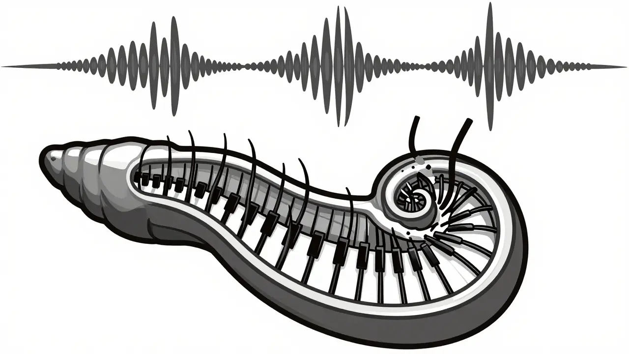 Illustration of damaged hair cells inside the cochlea resembling broken piano keys.