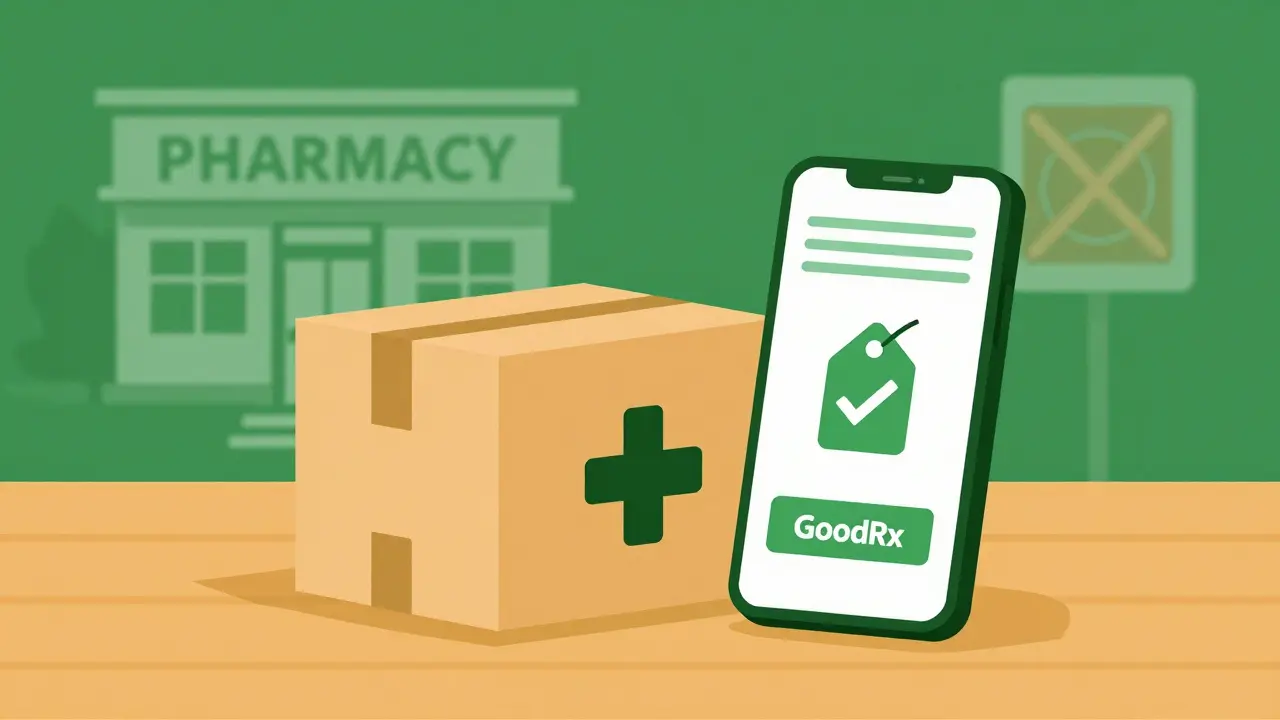 Illustration of medication delivery and smartphone discounts for safe online pharmacy use.