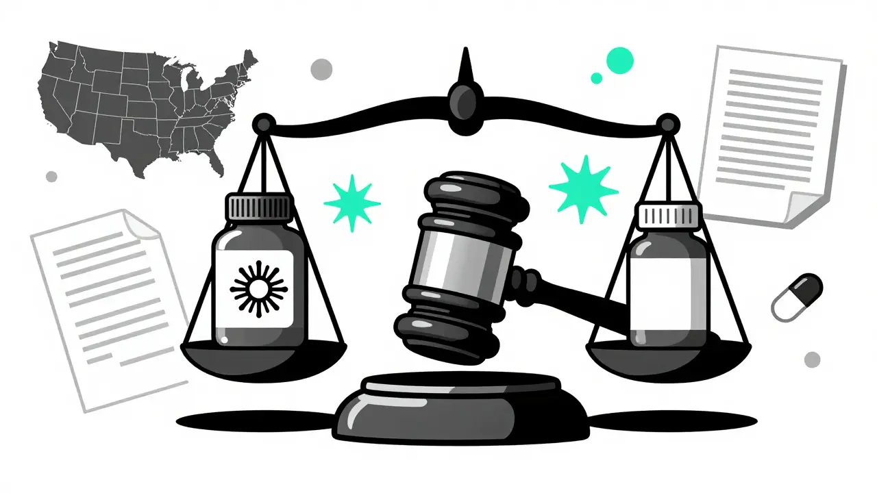 Scales of justice balancing brand-name and generic drug bottles.