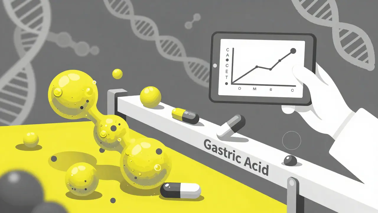 Slate and yellow duotone art of nanoparticles bypassing stomach acid for better drug absorption.