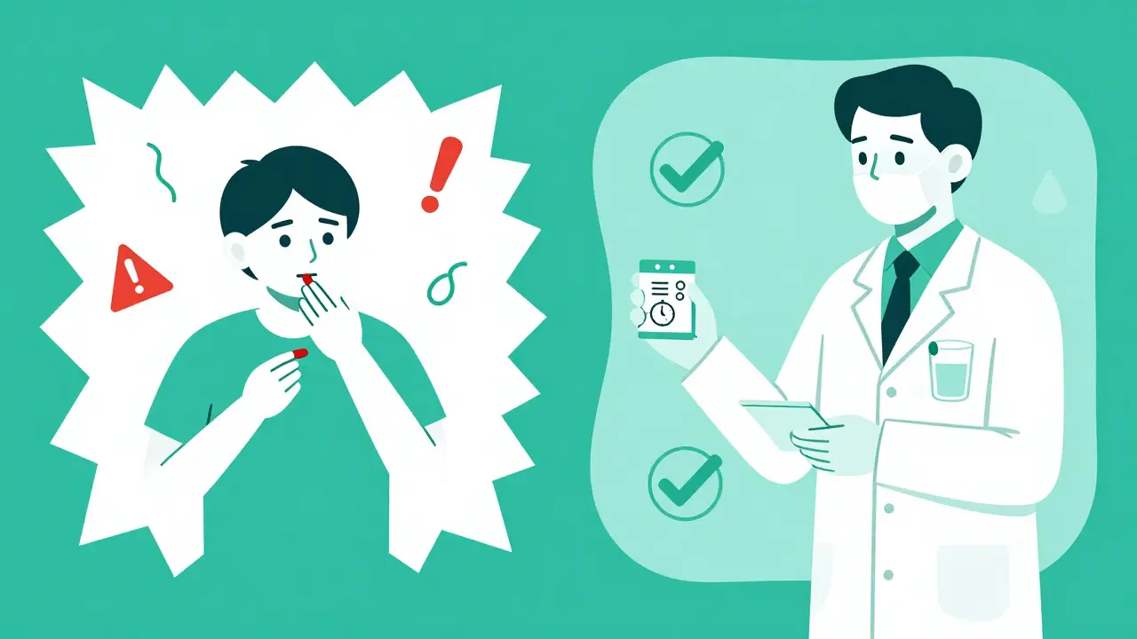 Split view contrasting medication errors with safe use of pictogram labels.