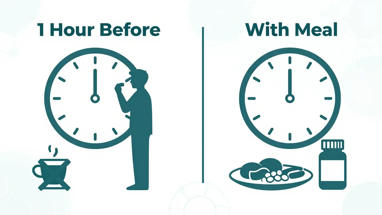 Teal and white duotone graphic comparing empty stomach vs with food medication timing rules.
