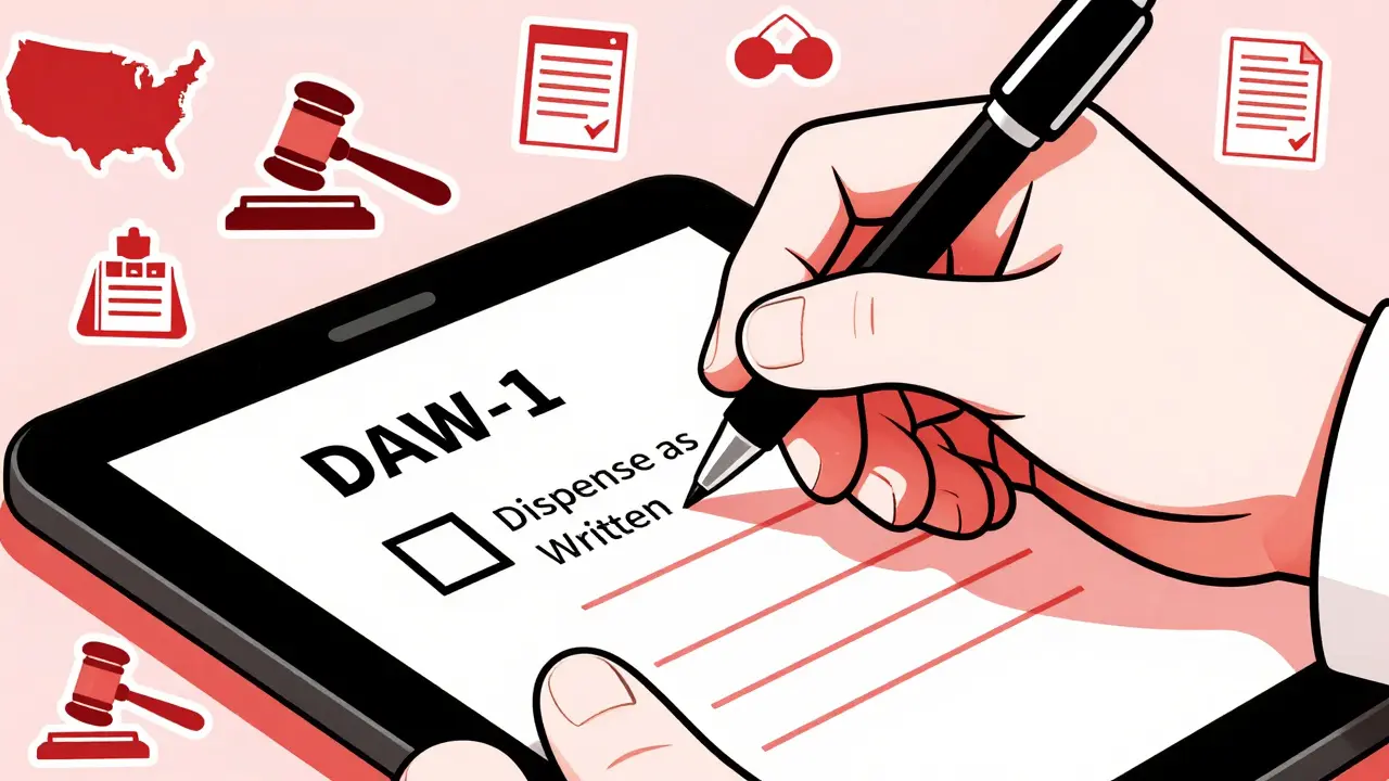 Doctor marking DAW-1 code on prescription to mandate brand name