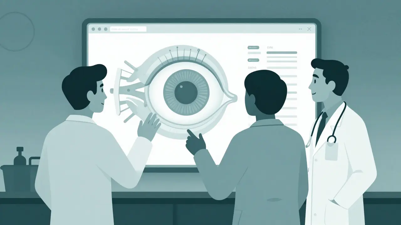 Doctors collaborating over a holographic eye model, representing integrated autoimmune uveitis care.