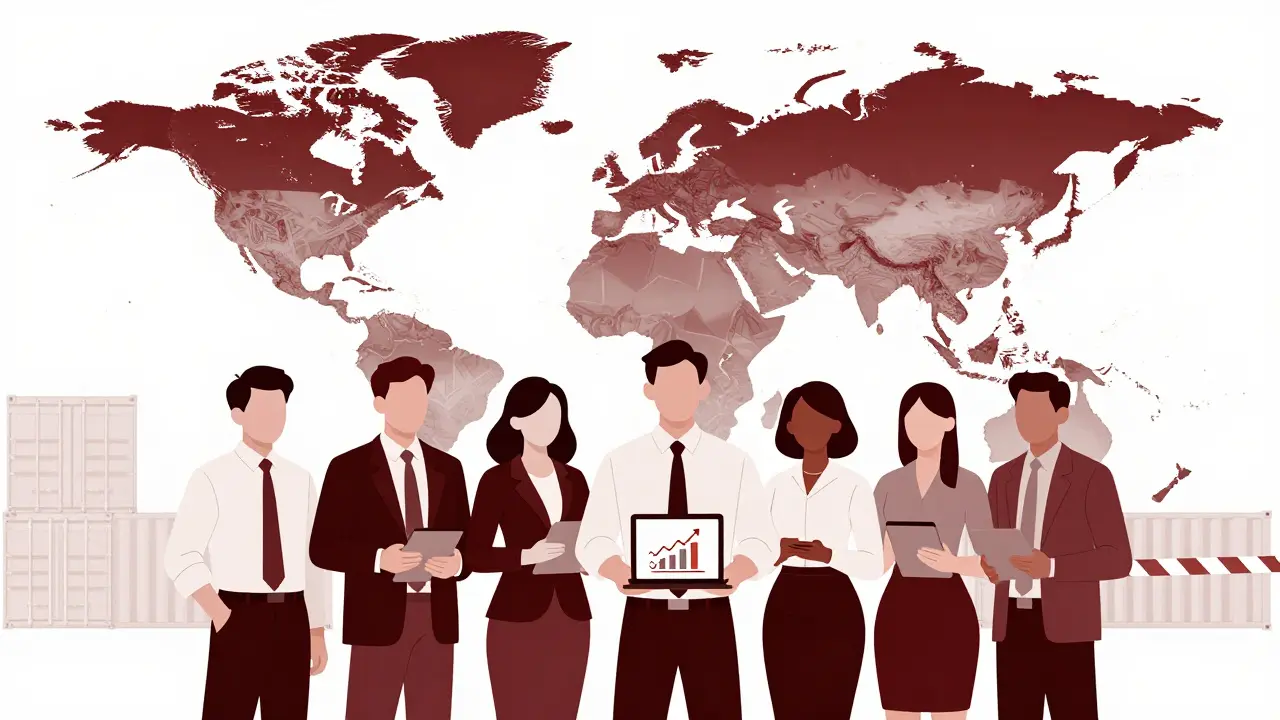 Duotone art of QA consultants reviewing global compliance metrics