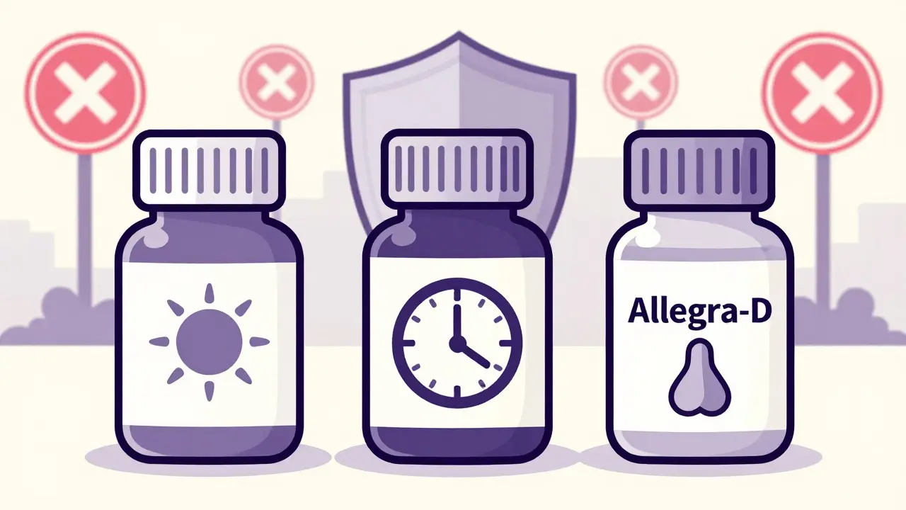 Duotone graphic showing different allergy pill formulations and safety tips