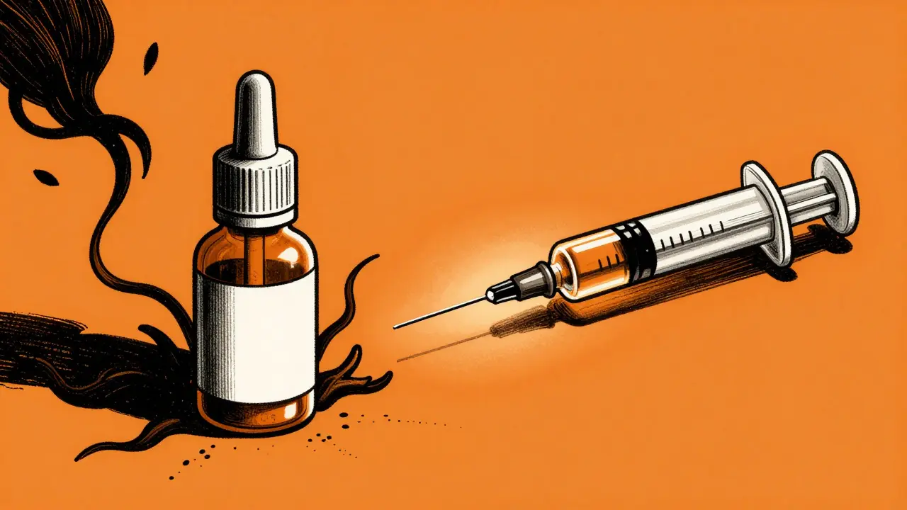 Duotone illustration contrasting harmful steroid side effects with safe biologic treatments for eye health.