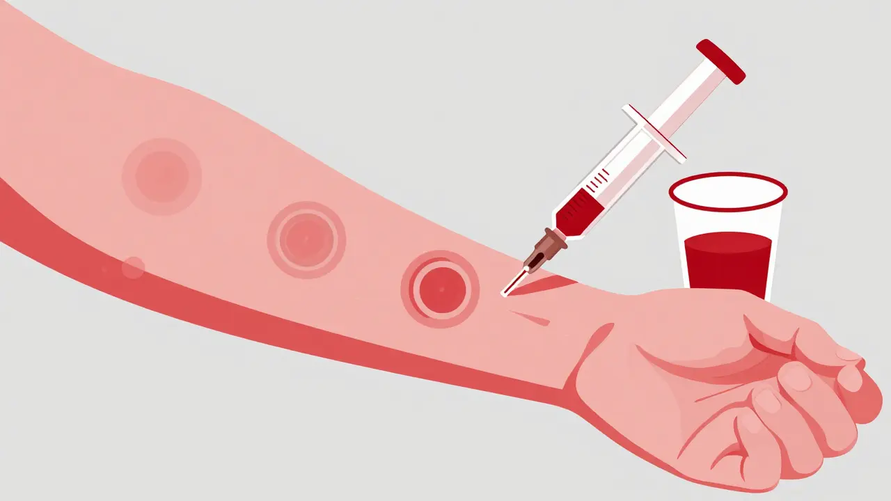 Duotone illustration of a skin test and oral challenge for drug allergy diagnosis.
