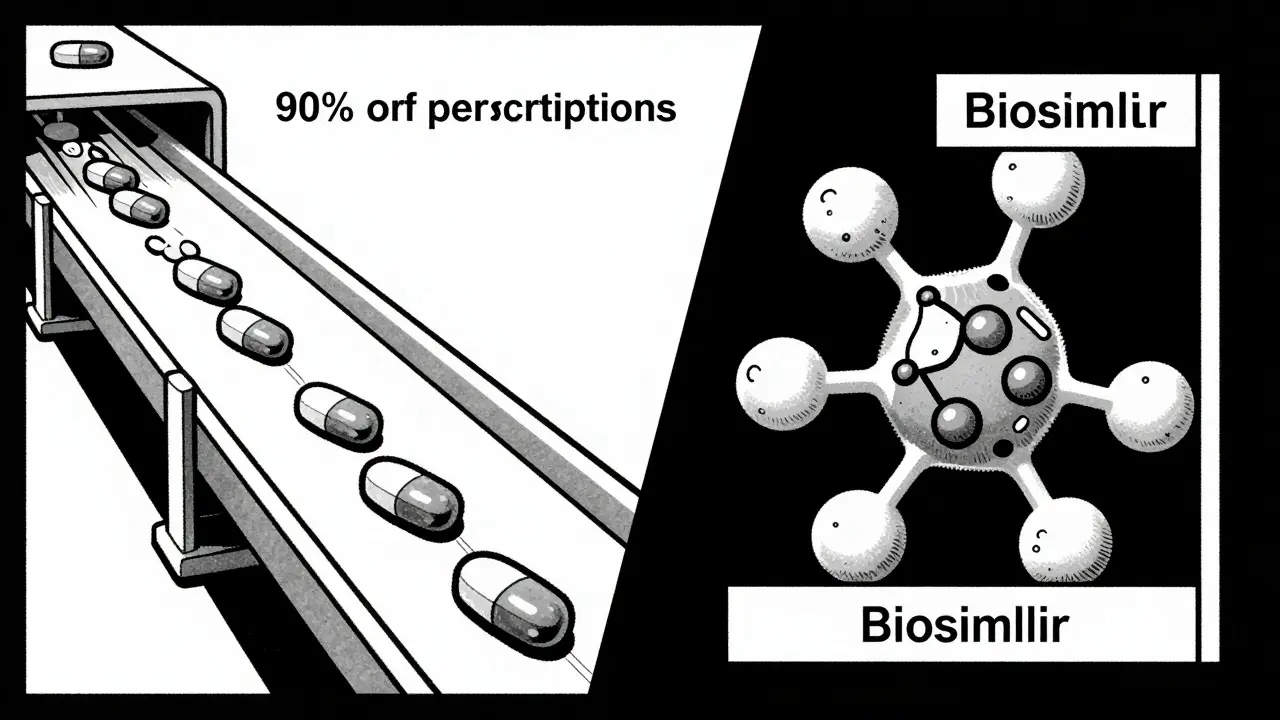 Graphic showing efficient generic pills vs complex biosimilar regulations