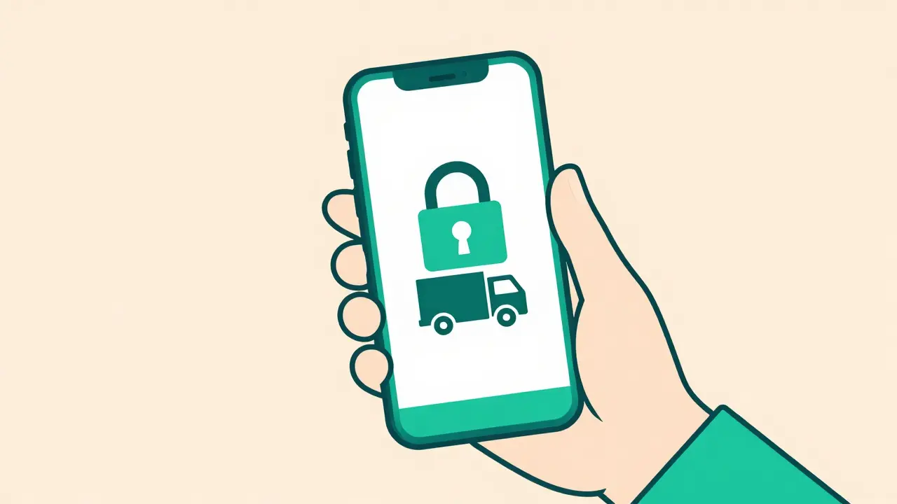 Hand holding phone with lock and truck icons in teal and beige duotone style