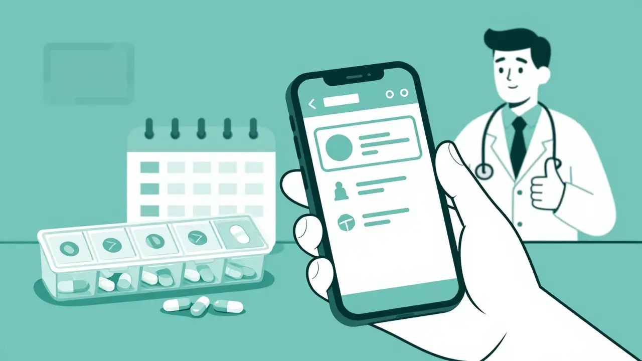 Hand with phone reminder and pill organizer for safe medication