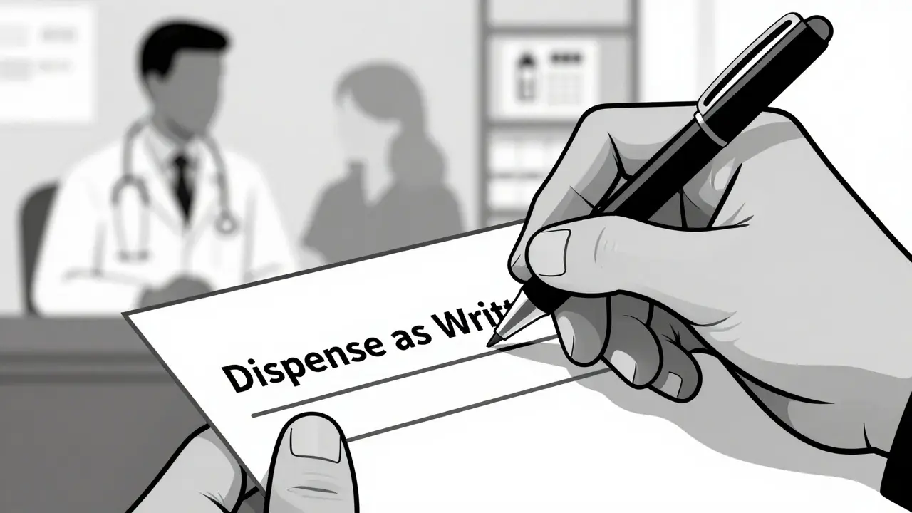 Hand writing Dispense as Written on prescription to ensure brand name