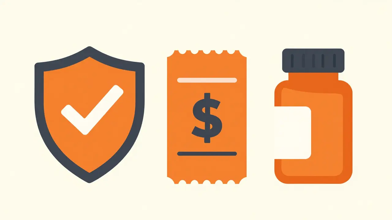 Icons for safe pharmacies, coupons, and generic meds in orange and grey duotone