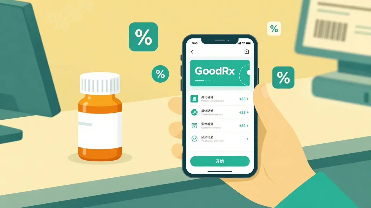 Illustration of using a mobile coupon app to save on pharmacy purchases