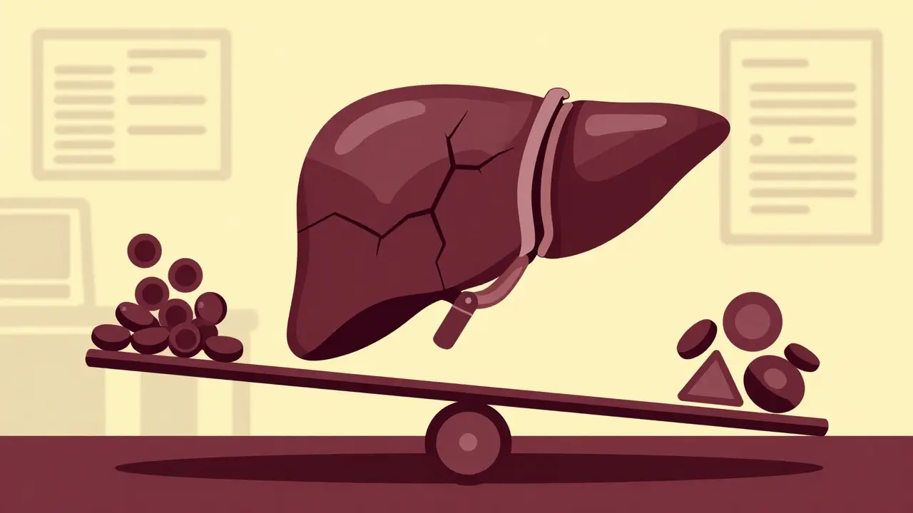 Duotone art of a fragile liver on a seesaw with platelets and clotting factors, symbolizing rebalanced hemostasis.