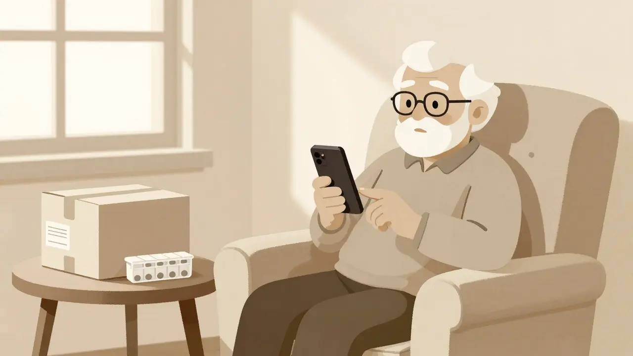 Duotone cartoon of senior relaxing at home with smartphone and delivered medicine box