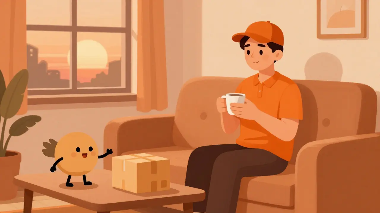 Duotone drawing of a relaxed person receiving a medication package at home from a courier.