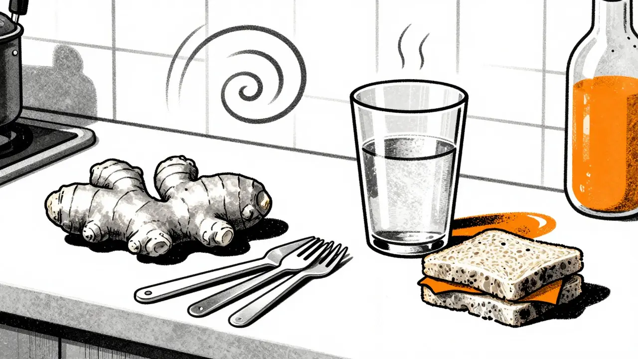 Duotone graphic showing ginger, plastic utensils, and cold snacks for nausea relief