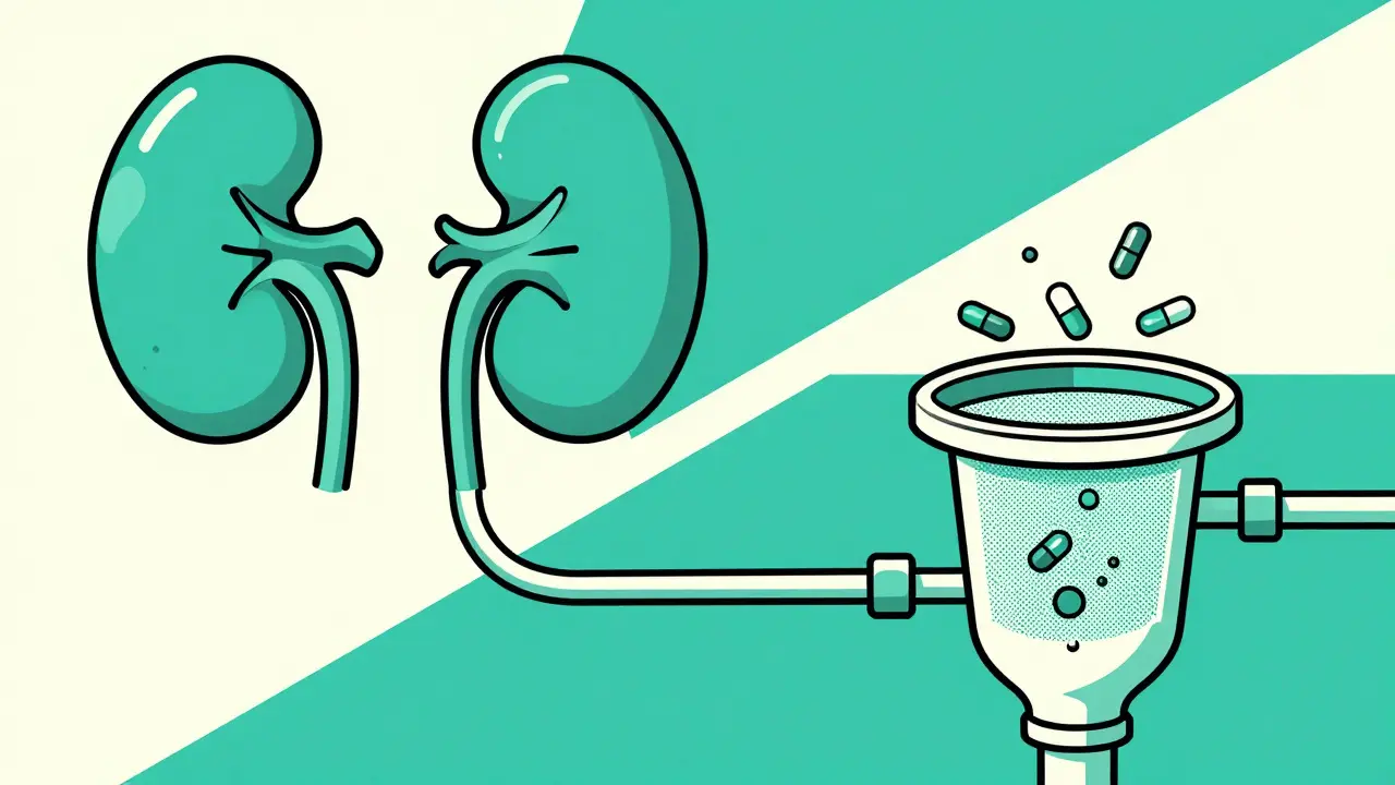 Duotone graphic showing stylized kidneys filtering pills, representing drug clearance challenges in kidney disease.