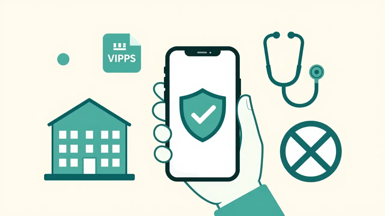 Duotone illustration of a phone with a safety shield, symbolizing verified online pharmacies.