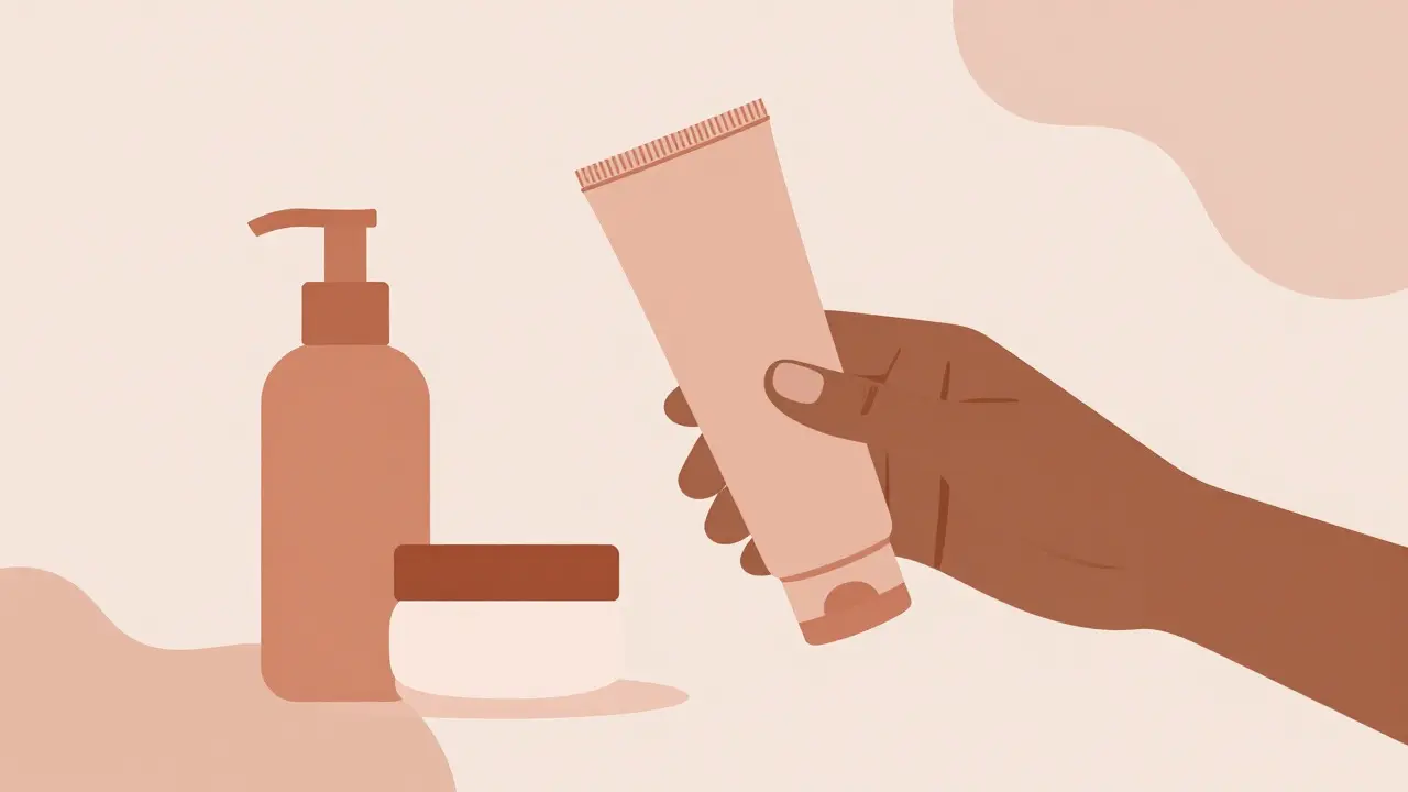 Duotone illustration of hands holding skincare products for sun protection