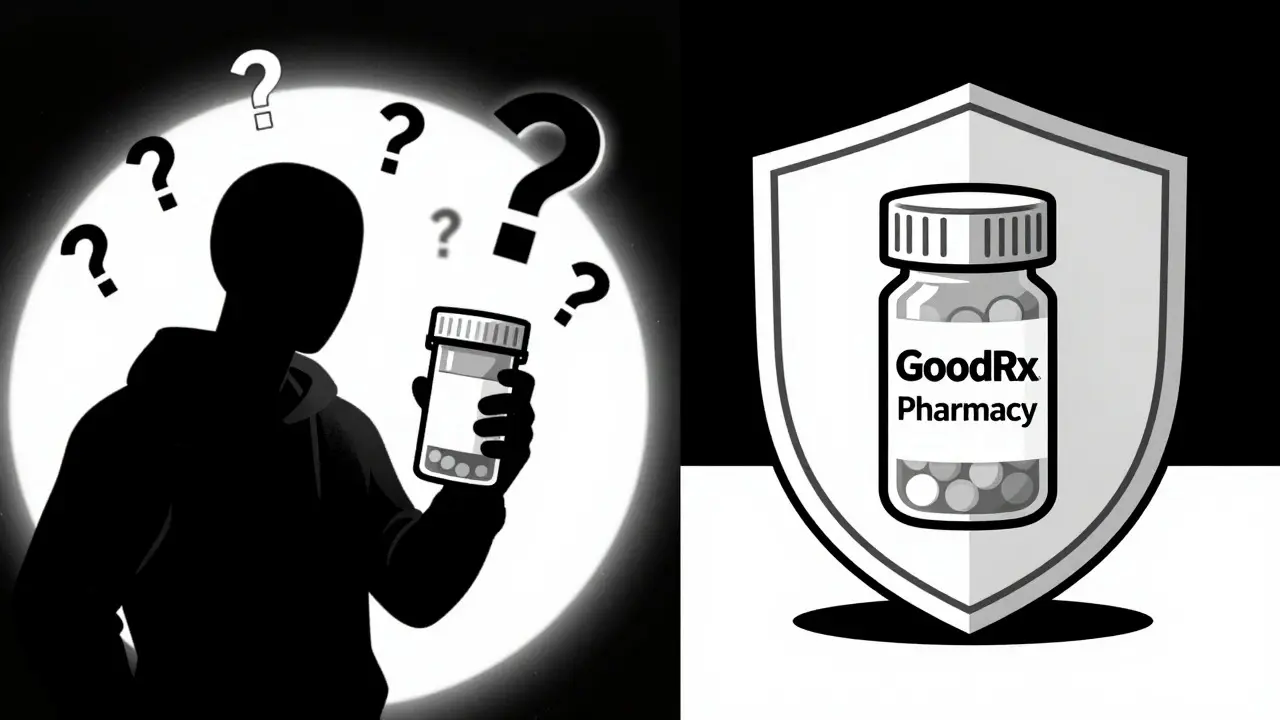 Duotone split image contrasting unsafe shadowy pills with safe shielded medication