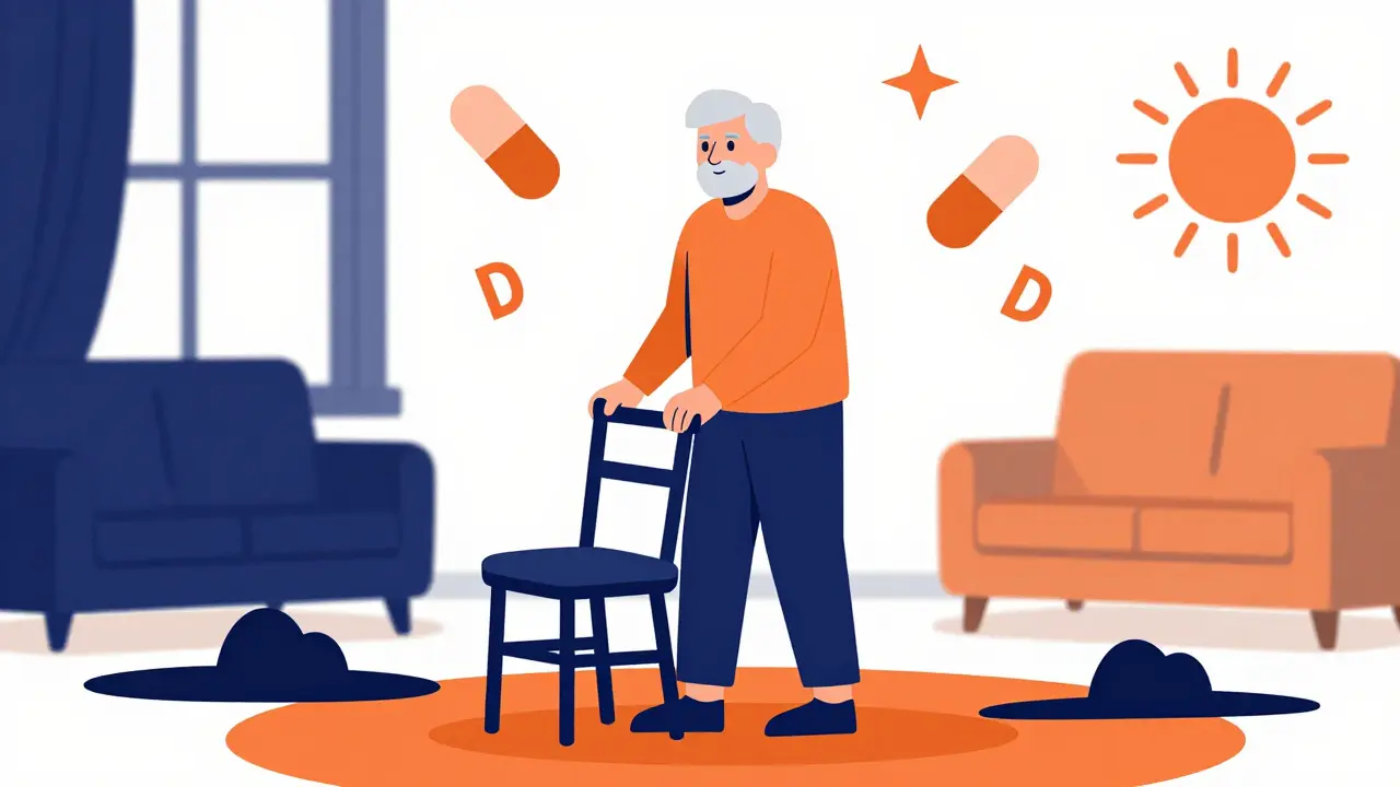 Elderly person standing safely with support, surrounded by bone health icons.