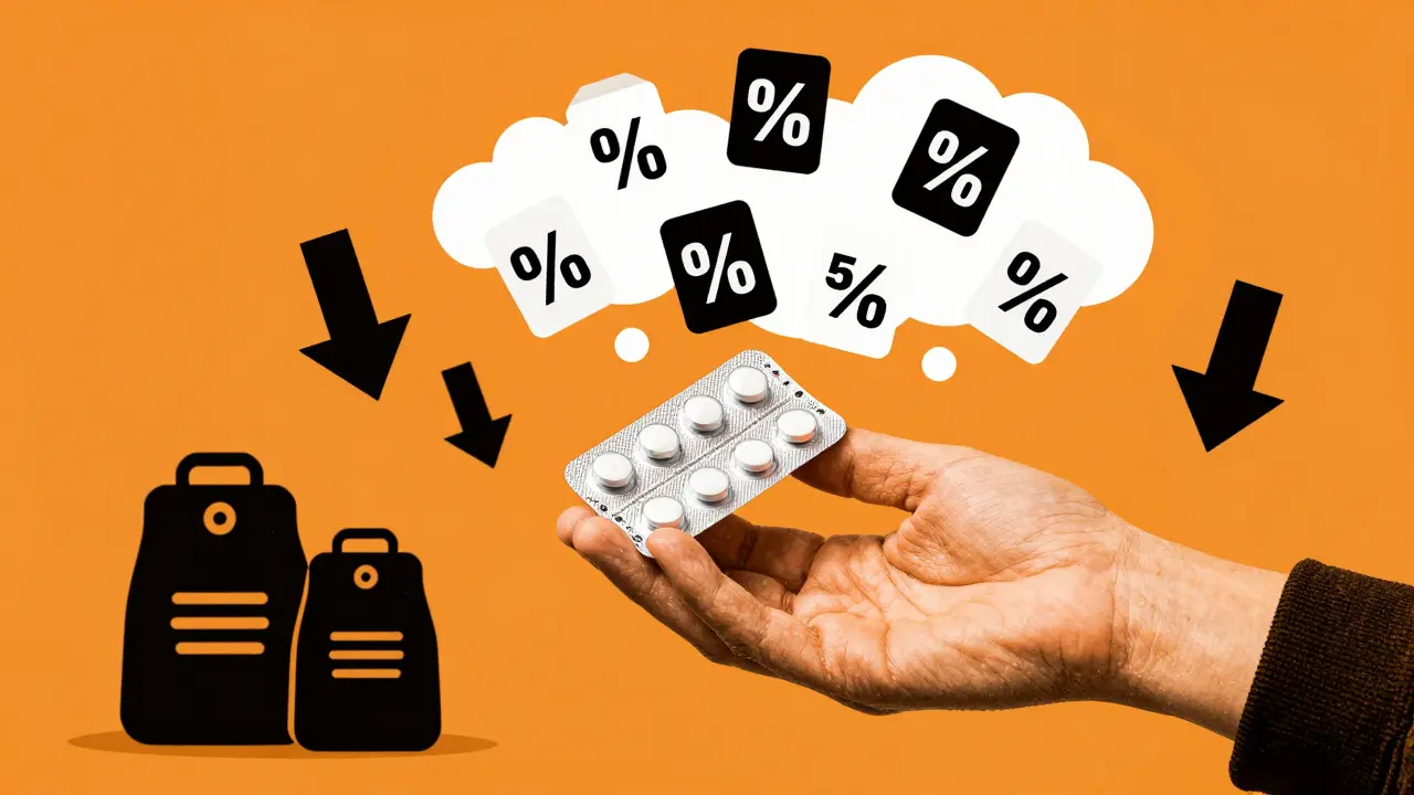 Hand picking up medication pills surrounded by savings symbols