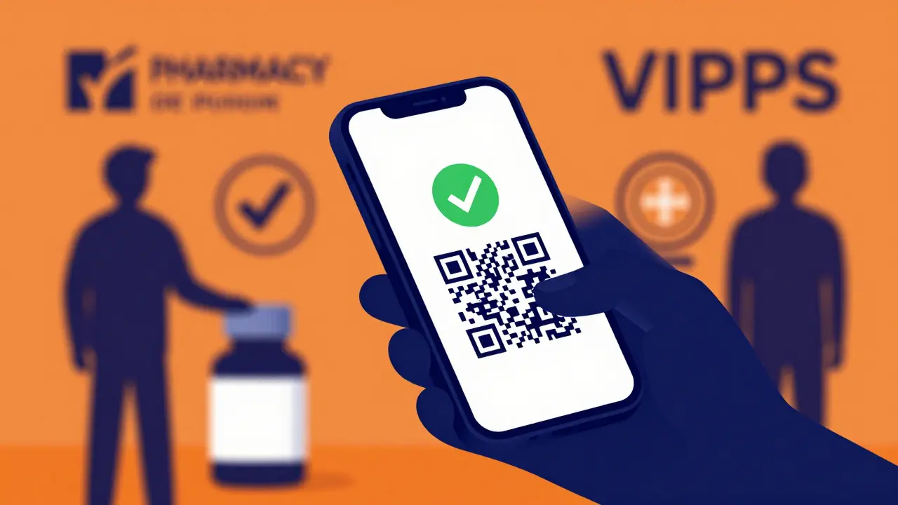 Hand scanning a medicine bottle to verify it is from a legitimate online pharmacy.